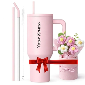 1200ml Steel Tumbler with Straw | Personalized Tumbler + Crochet Flower Bouquet Gift for Birthdays, Weddings, Anniversaries – Gift for Women, Men, and Girls